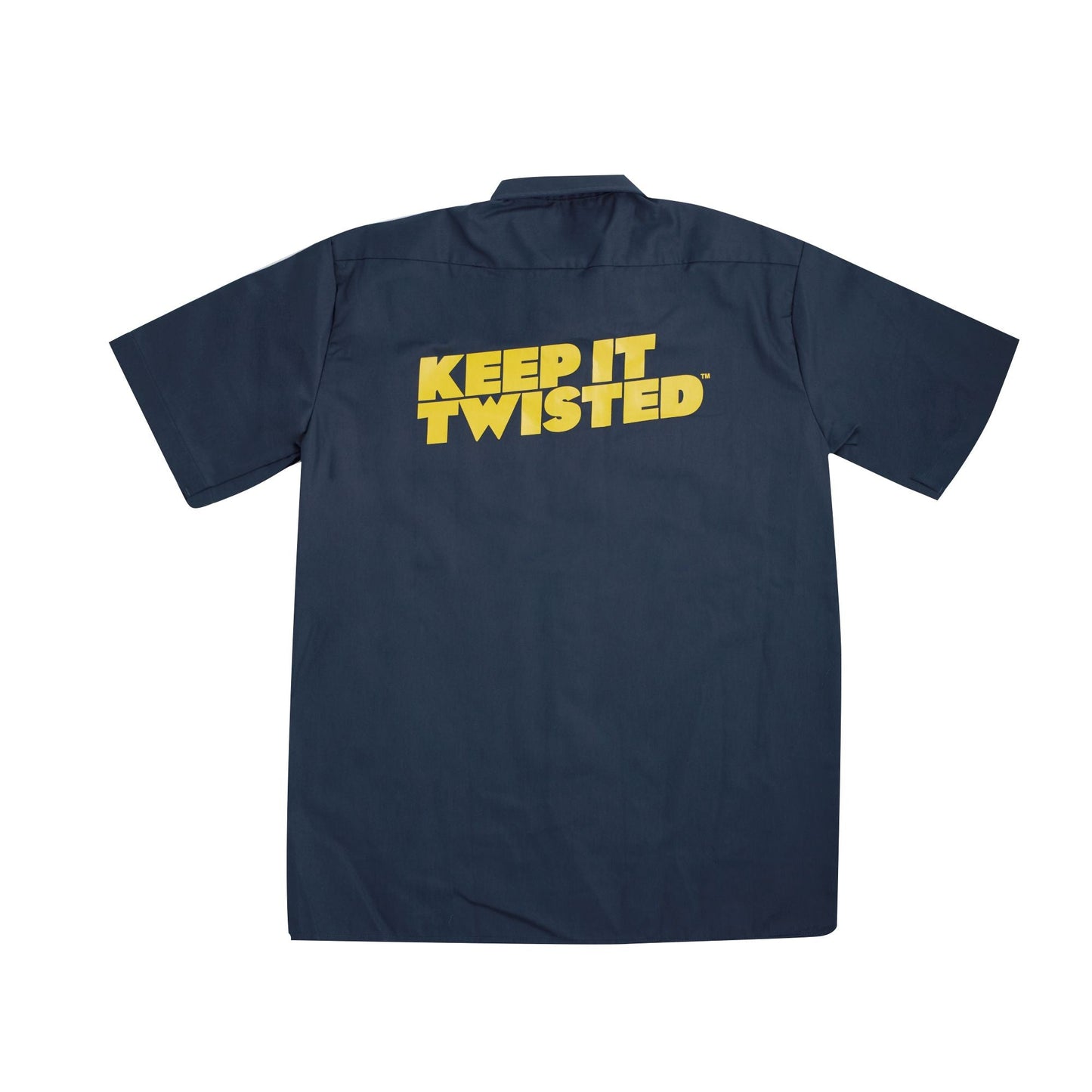 Navy blue shirt with 'KEEP IT TWISTED' text in yellow on a white background
