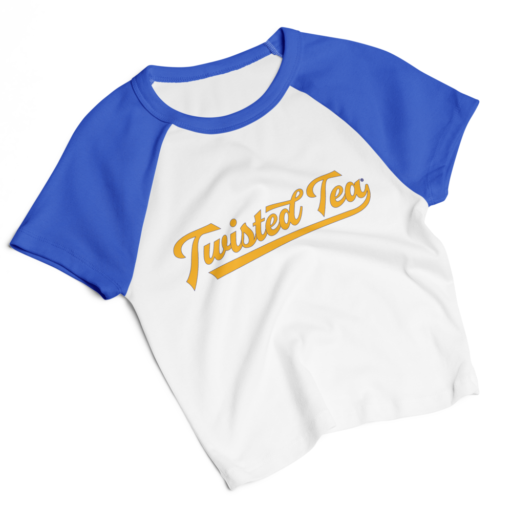 Baseball baby tee with blue sleeve and white body Twisted Tea script text