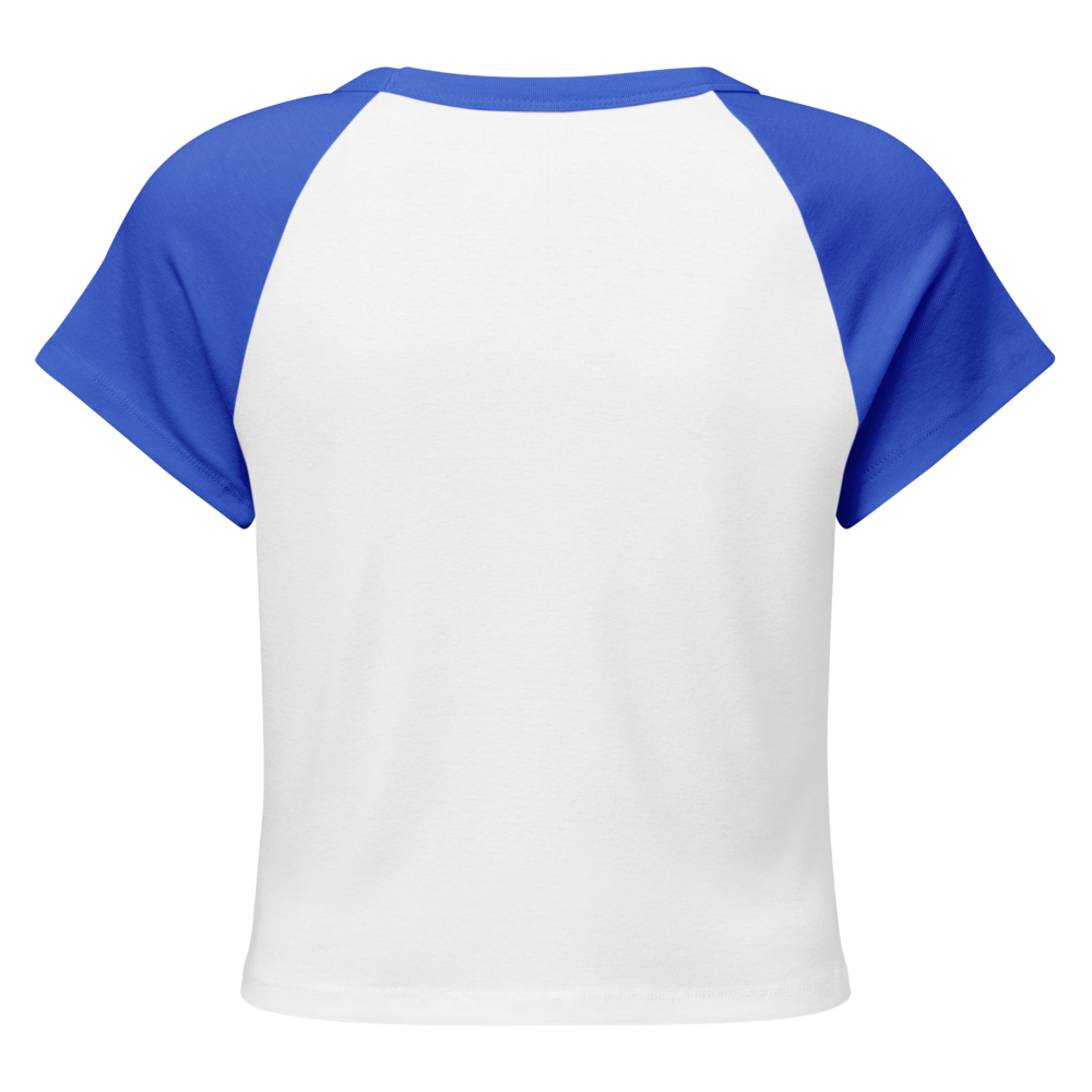 Baseball baby tee with blue sleeve and white body.