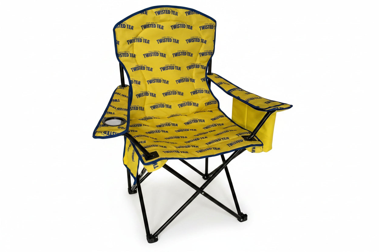 Yellow folding chair with 'Twisted Tea' pattern on a white background