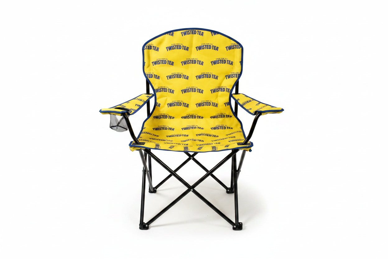 Yellow folding chair with 'Twisted Tea' branding on a white background