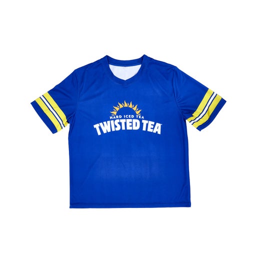 Blue football jersey with yellow and white accent stripes on the short sleeves. A classic hard iced tea Twisted Tea logo is front and center.