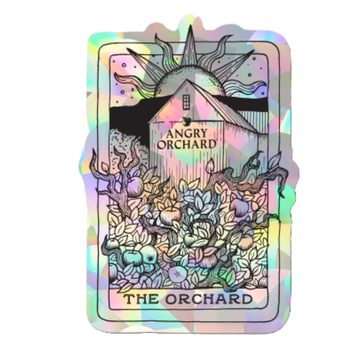 This sticker is a tarot design of the Angry Orchard. The name on the "tarot card" is "The Orchard". It shows the holographic aspect of the sticker.