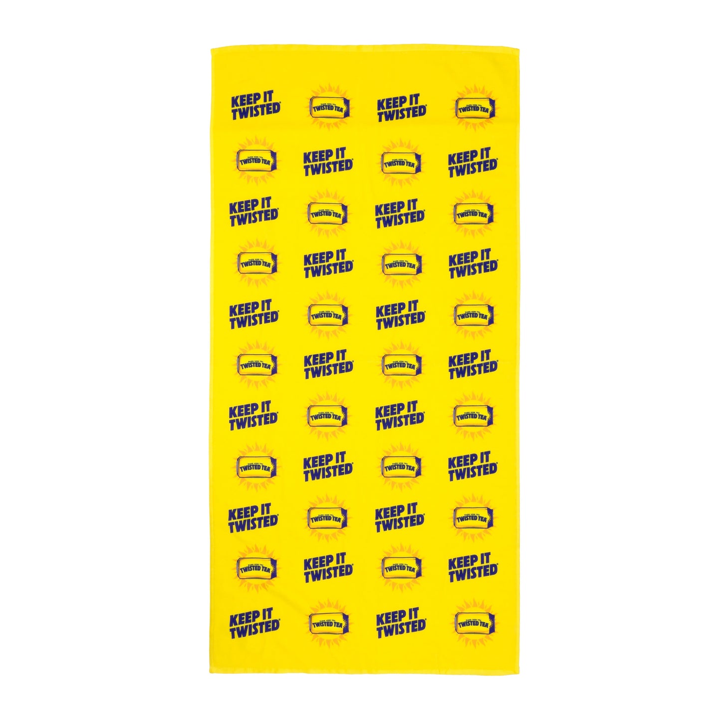 Yellow towel with 'Keep It Twisted' text and logo pattern on a white background