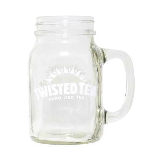 Clear white mason jar with a handle and a white twisted tea hard iced tea logo 