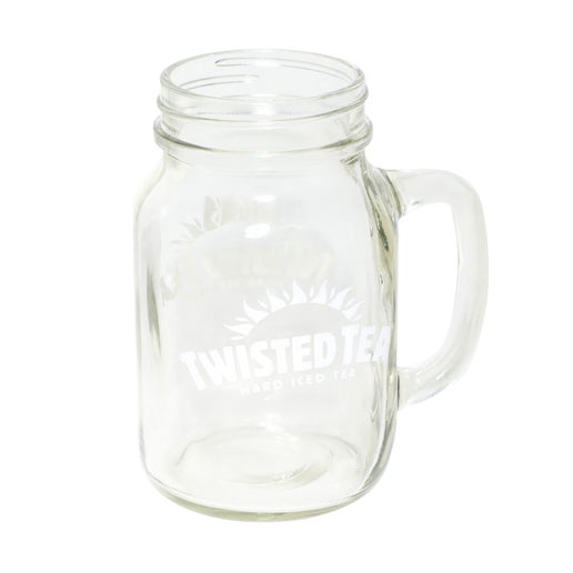 Clear white mason jar with a handle and a white twisted tea hard iced tea logo 