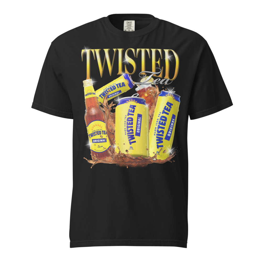 Black Twisted Tea T‑shirt featuring large gold “Twisted Tea” lettering and a graphic of Twisted Tea Original cans and bottle splashing with iced tea.
