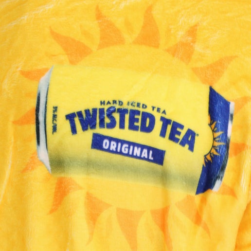 Close up of twisted tea can visual from the onesie. It is a twisted tea can with a orange sun outline shining behind it. 