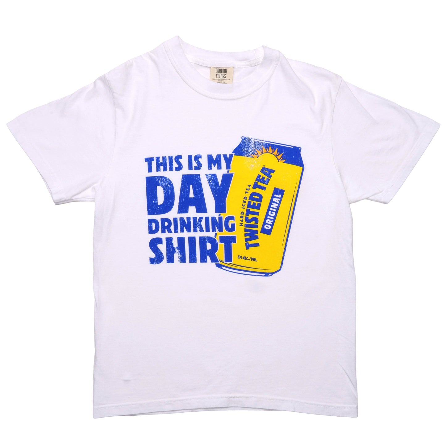 White t-shirt with a graphic of a Twisted Tea can and text on a white background