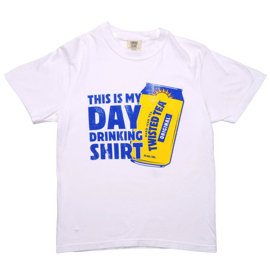White t-shirt with a graphic of a Twisted Tea can and text on a white background