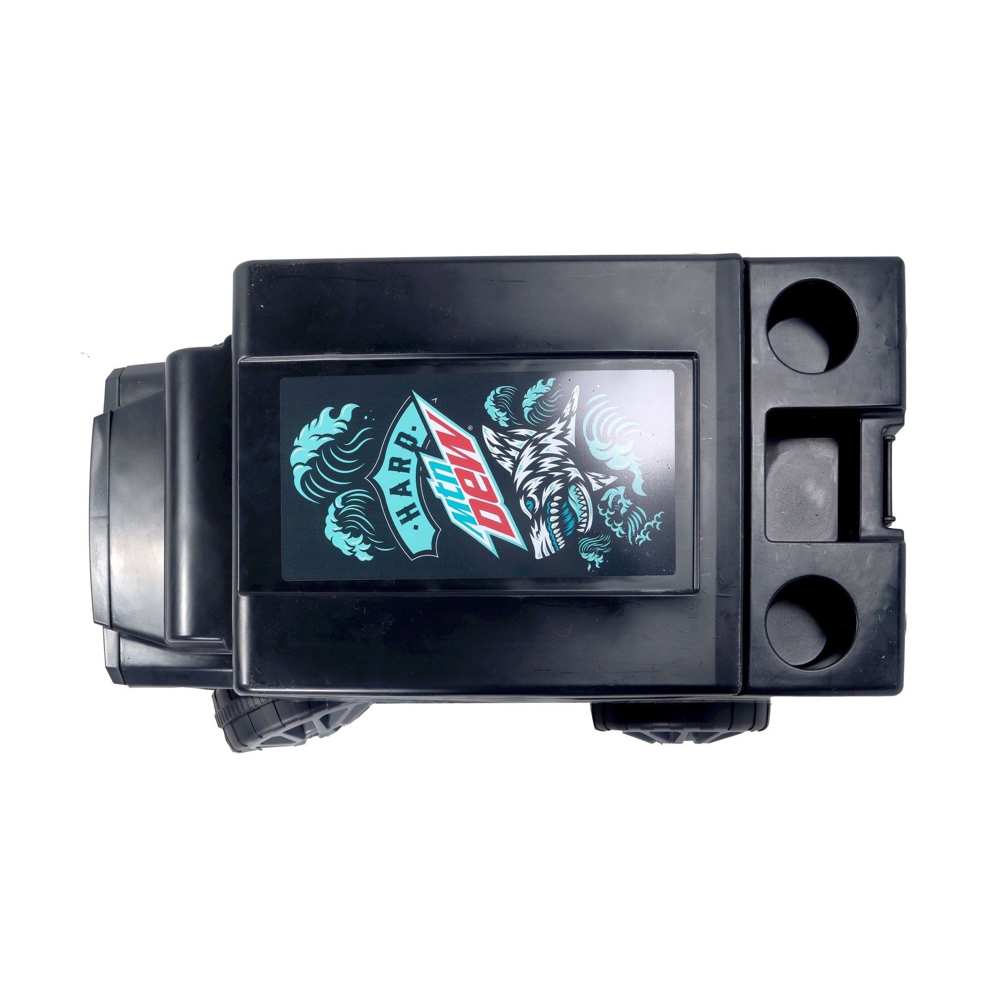 Top view of the remote control cooler shaped like an armored truck, featuring a design of a teal and white shark emerging from waves with the Hard Mountain Dew logo above it, also emerging from waves.