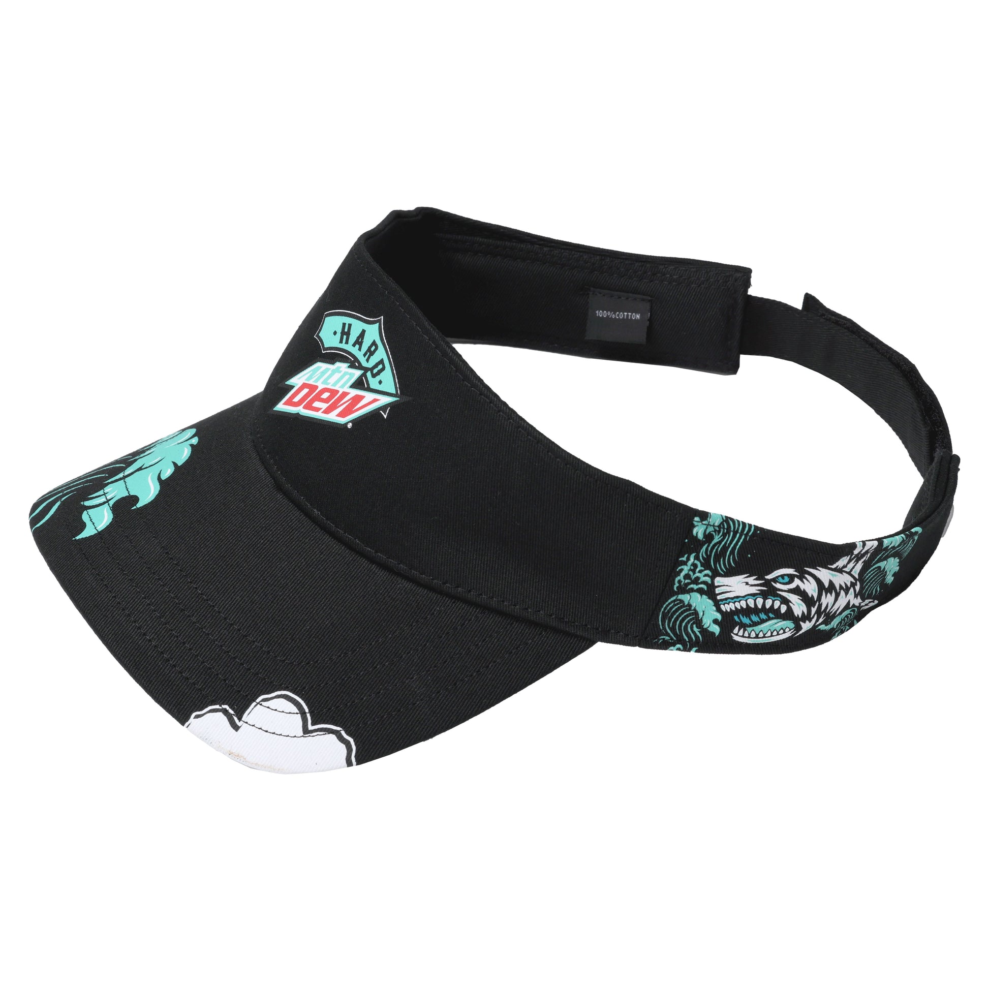 Top-down view of the Hard Mountain Dew Baja Blast hat, displaying four designs on the visor: a shark bite, a wave, the front logo, and a shark.