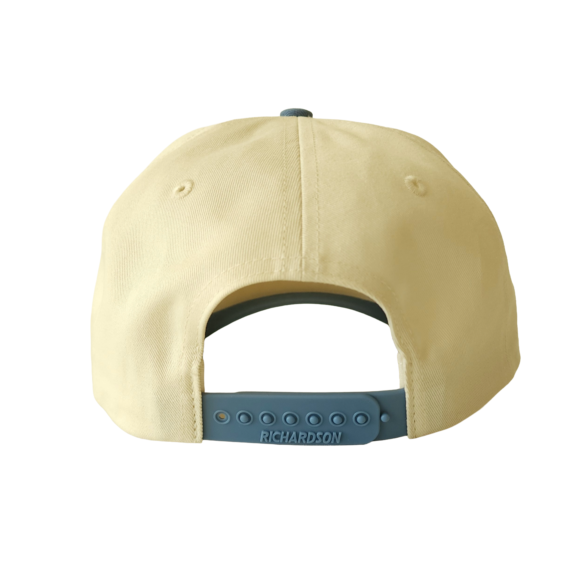 Back view of cream hat with blue snapback. 