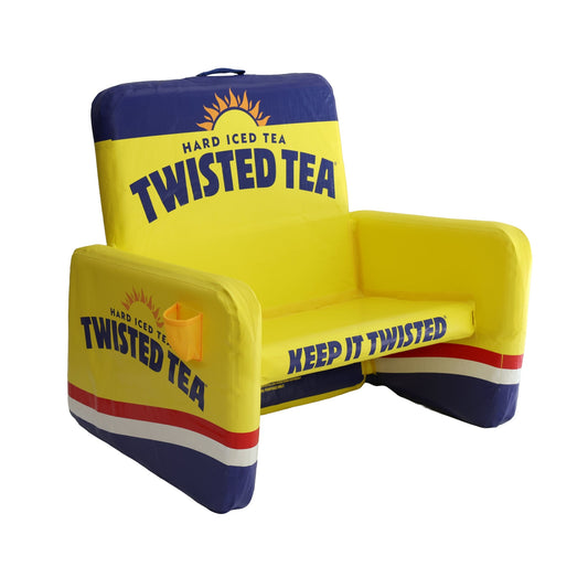 Large Twisted Tea inflatable lounge chair for outdoor events, bold yellow portable air chair with armrest, classic logo design, and "Keep it Twisted" on the front of the seat