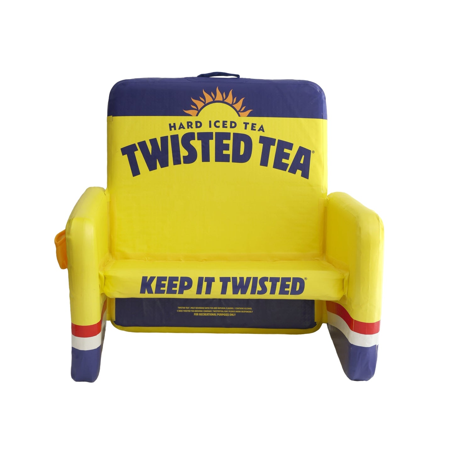 Large Twisted Tea inflatable lounge chair for outdoor events, bold yellow portable air chair with armrest, classic logo design, and "Keep it Twisted" on the front of the seat