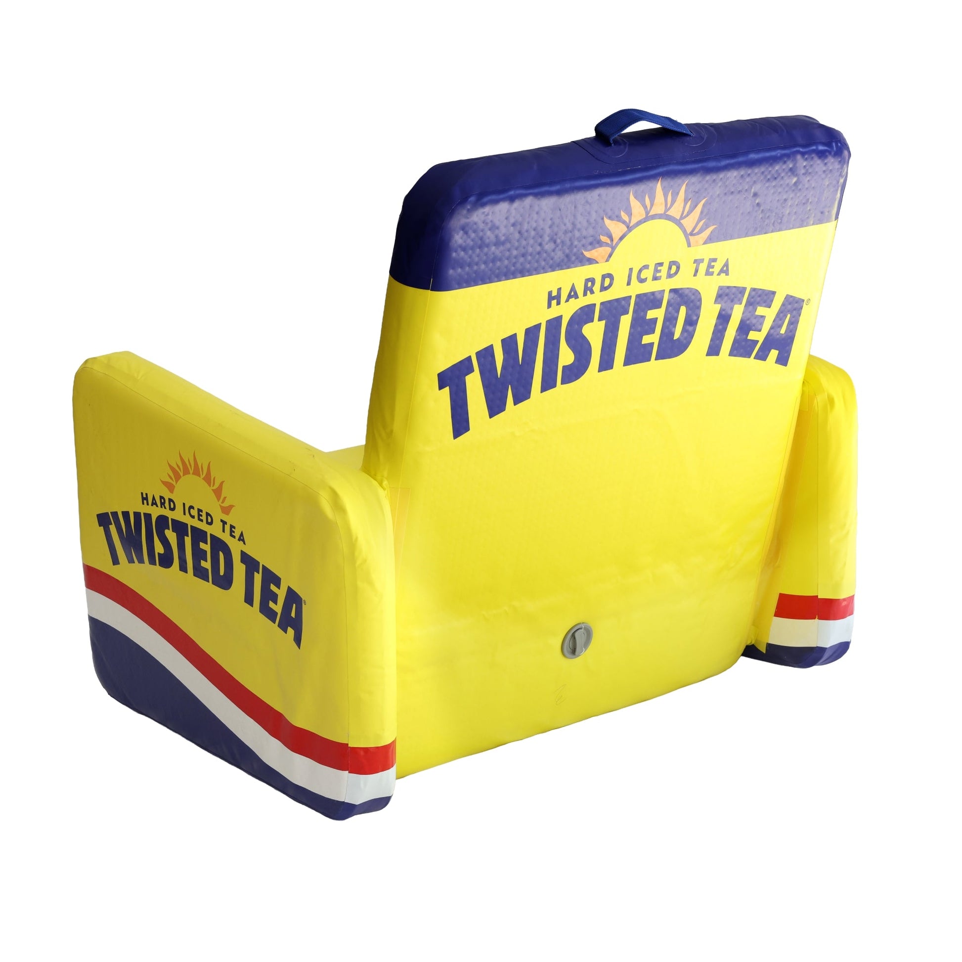 Backside of yellow inflatable Twisted Tea party chair. Base of arms have a red white and blue line design