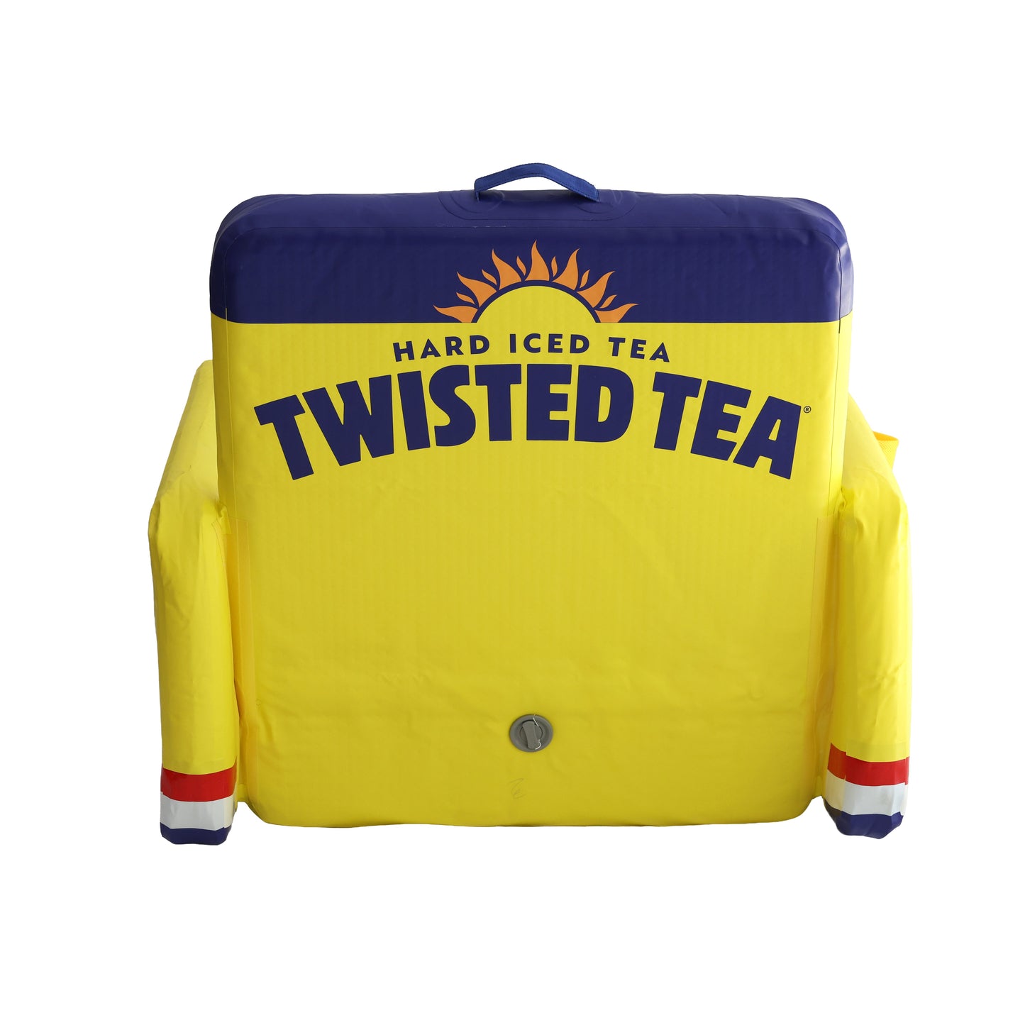Backside of yellow inflatable Twisted Tea party chair. Base of arms have a red white and blue line design