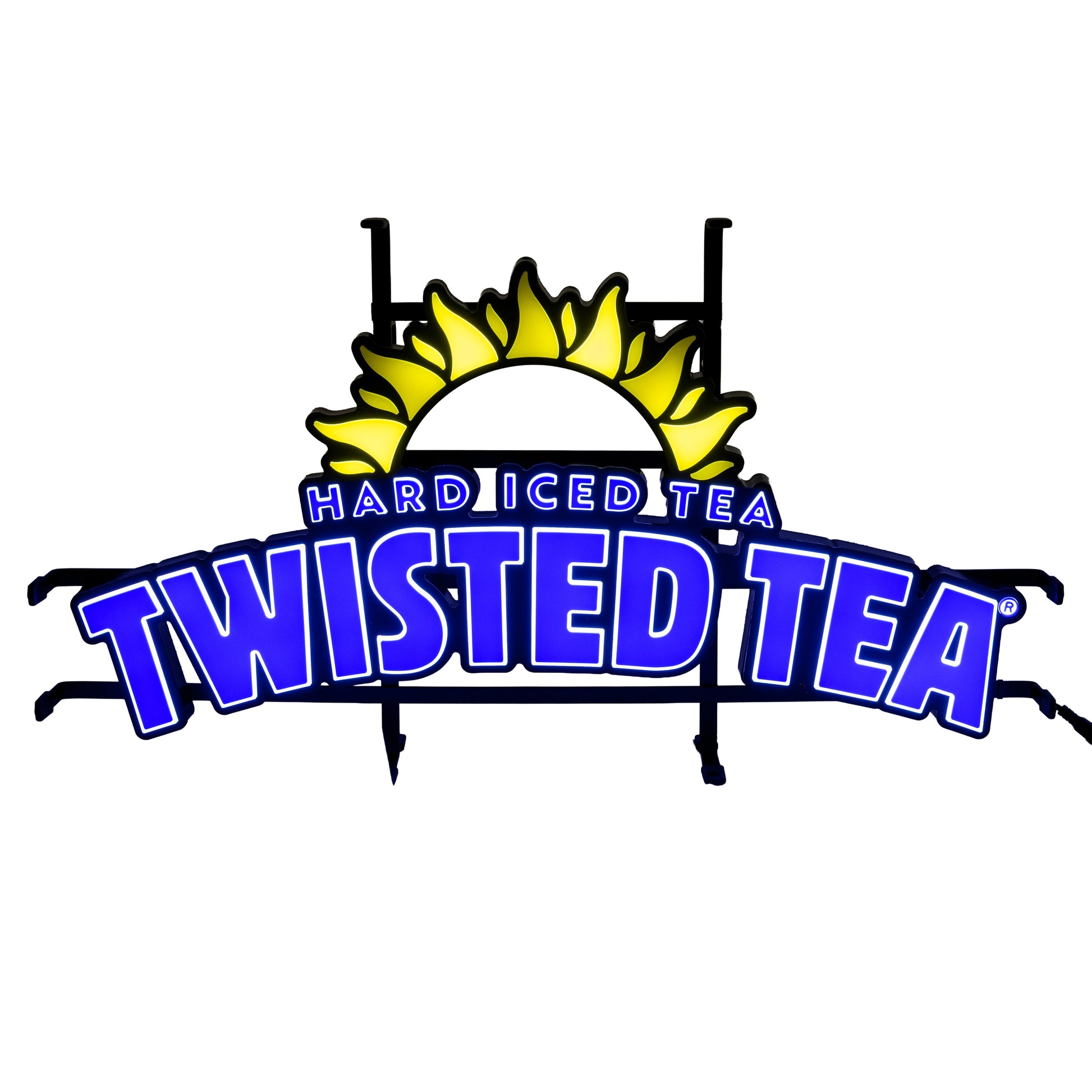 LED light with a hard iced tea twisted tea logo. From top to bottom is a yellow neon LED semi circle sun, followed by "Hard Iced Tea" in all caps small blue LED text, and "TWISTED TEA" in much larger LED text glowing at the bottom.