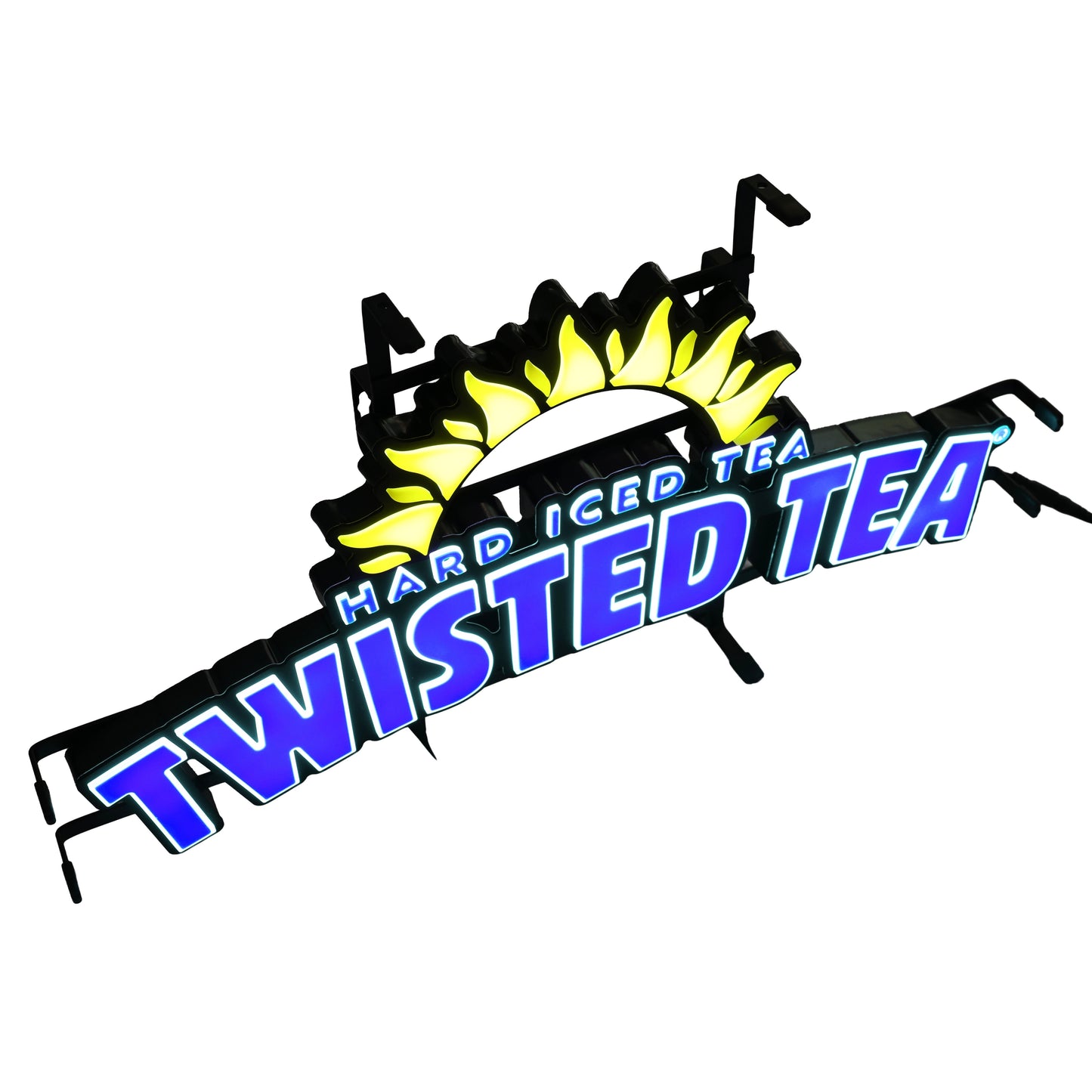 LED light with a hard iced tea twisted tea logo. From top to bottom is a yellow neon LED semi circle sun, followed by "Hard Iced Tea" in all caps small blue LED text, and "TWISTED TEA" in much larger LED text glowing at the bottom.
