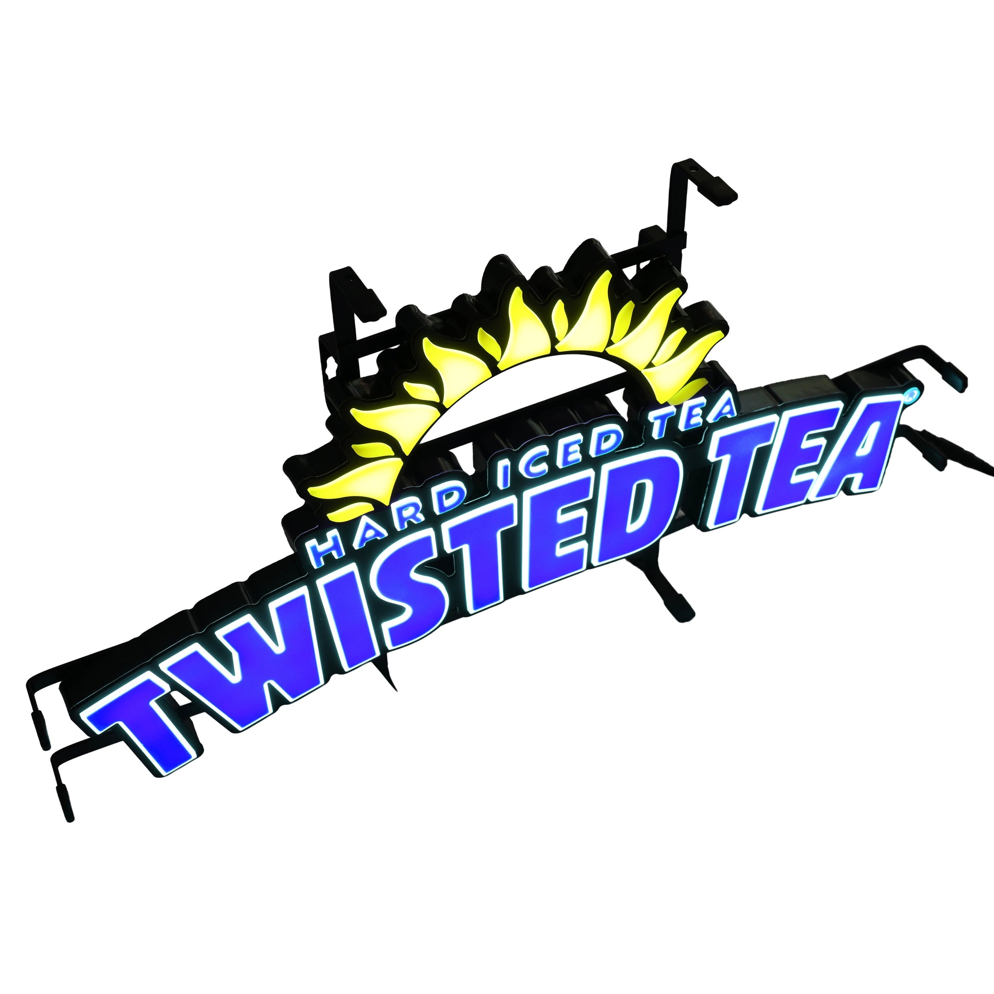 LED light with a hard iced tea twisted tea logo. From top to bottom is a yellow neon LED semi circle sun, followed by "Hard Iced Tea" in all caps small blue LED text, and "TWISTED TEA" in much larger LED text glowing at the bottom.