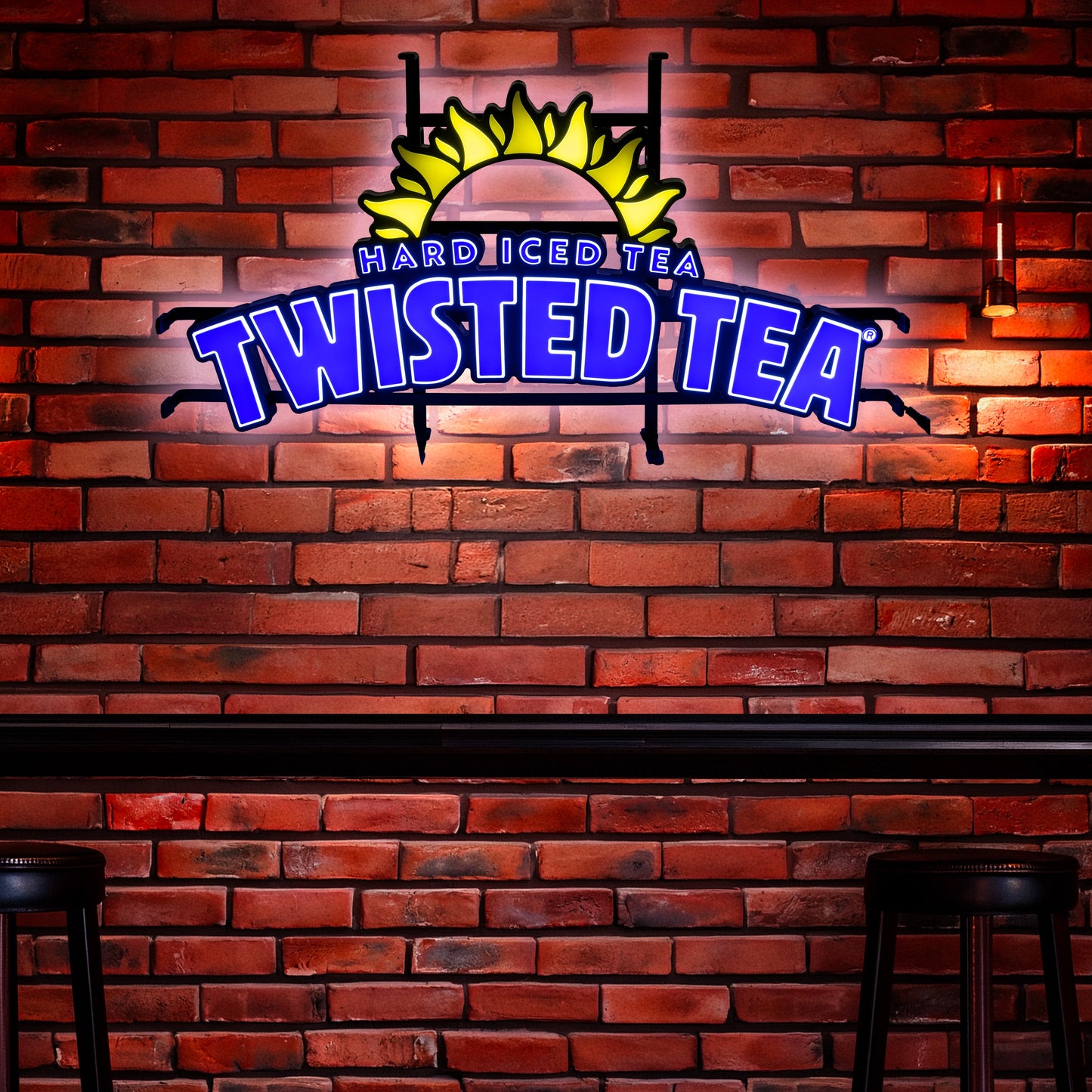 LED light with a hard iced tea twisted tea logo. From top to bottom is a yellow neon LED semi circle sun, followed by "Hard Iced Tea" in all caps small blue LED text, and "TWISTED TEA" in much larger LED text glowing at the bottom. 