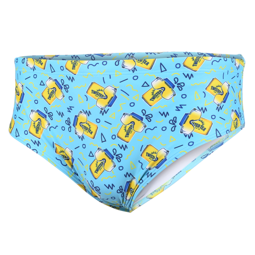 Front view of Twisted Tea x Pit Viper swim briefs featuring a bright blue background with an all‑over yellow Twisted Tea can print and abstract graphic accents.
