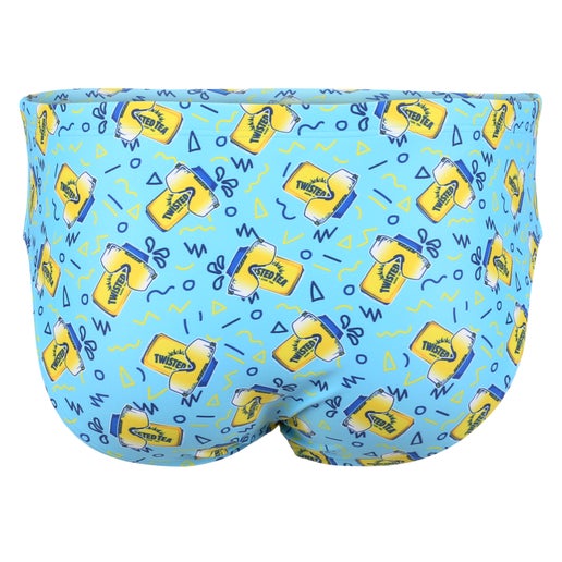 Back of Twisted Tea x Pit Viper swim briefs with repeating yellow Twisted Tea can pattern on a blue background and geometric graphic elements.