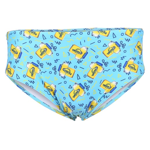 Alternate front angle of Twisted Tea x Pit Viper swim briefs showcasing the blue fabric, yellow Twisted Tea can print, and retro‑style graphic pattern.