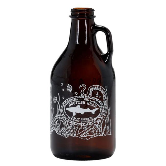 The Under the Sea 64oz Growler by Grandstand Glassware & Apparel is an empty amber glass growler with a handle, white octopus art, and "Dogfish Head Craft Brewery" on the front. No cap included.