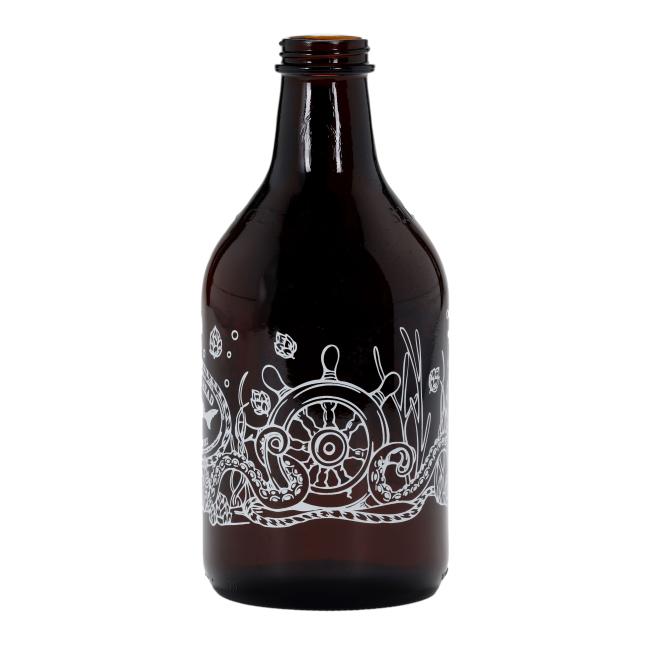 The Under the Sea 64oz Growler by Grandstand Glassware & Apparel is a dark brown amber glass growler featuring nautical-themed white illustrations. This empty growler does not include a cap.