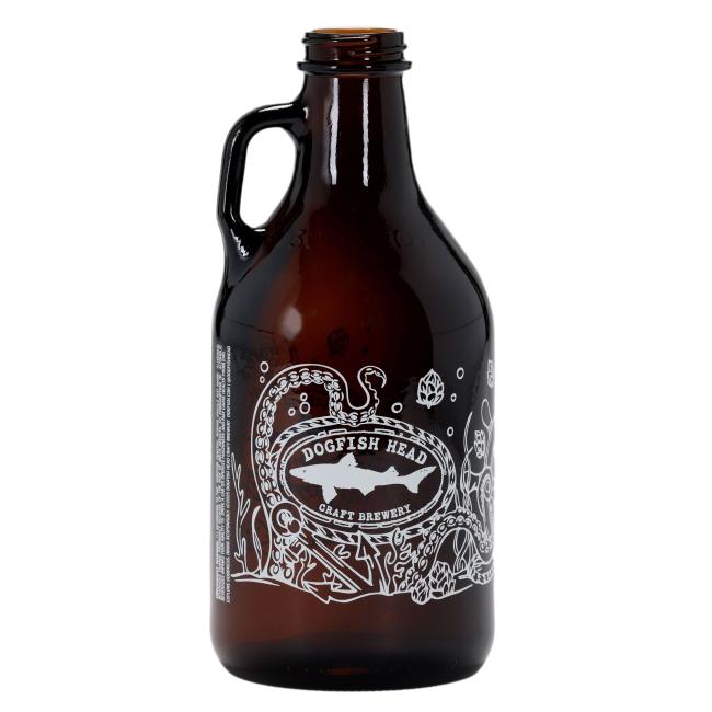 The Under the Sea 64oz Growler by Grandstand Glassware & Apparel is an amber glass growler with a small handle, decorated with white octopus and ocean life illustrations.