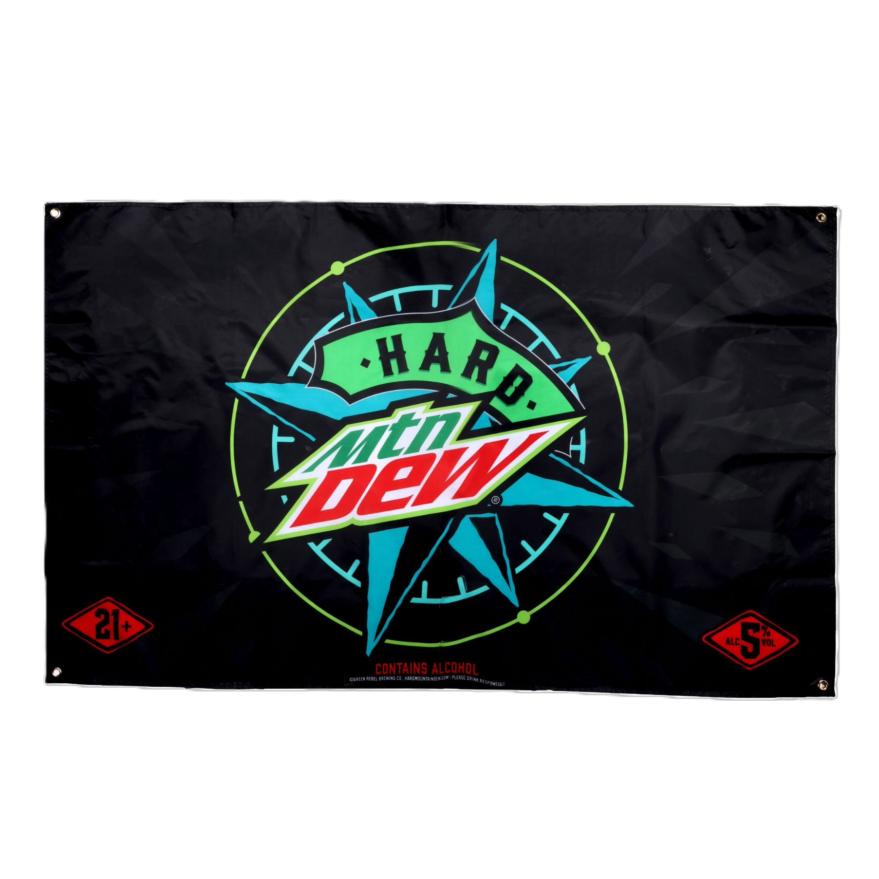 Black rectangular flag for "Hard MTN DEW." The center features the "MTN DEW" logo in green and red with "HARD" written in green above it. This is set against a teal starburst or compass-like design with a thin neon green circle around it. In the bottom left corner, there's a red diamond shape with "21+" in white. In the bottom right corner, there's a red diamond shape with "5% ALC/VOL" in white. Below the main design, small white text reads "CONTAINS ALCOHOL." There are metal grommets in each corner.