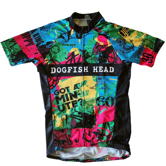 Dogfish Head ‘Got a Minute?’ multi-colored cycling jersey with bold graphic print, full zipper front, and breathable performance fabric