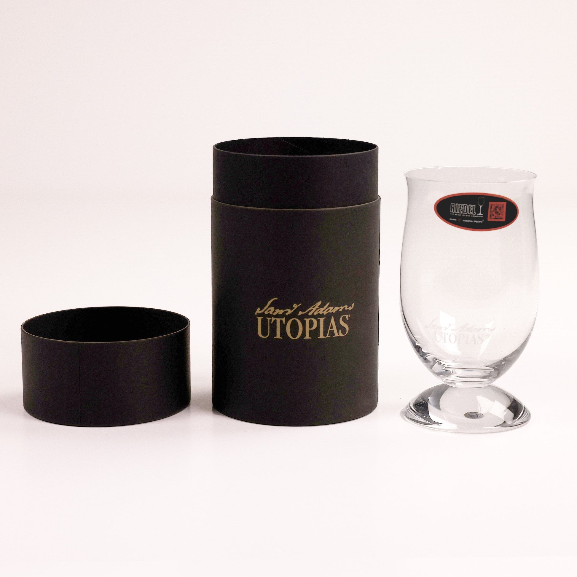 A small-bowled Cognac or snifter glass with the Sam Adams Utopia logo. Comes with a collectors box as well.