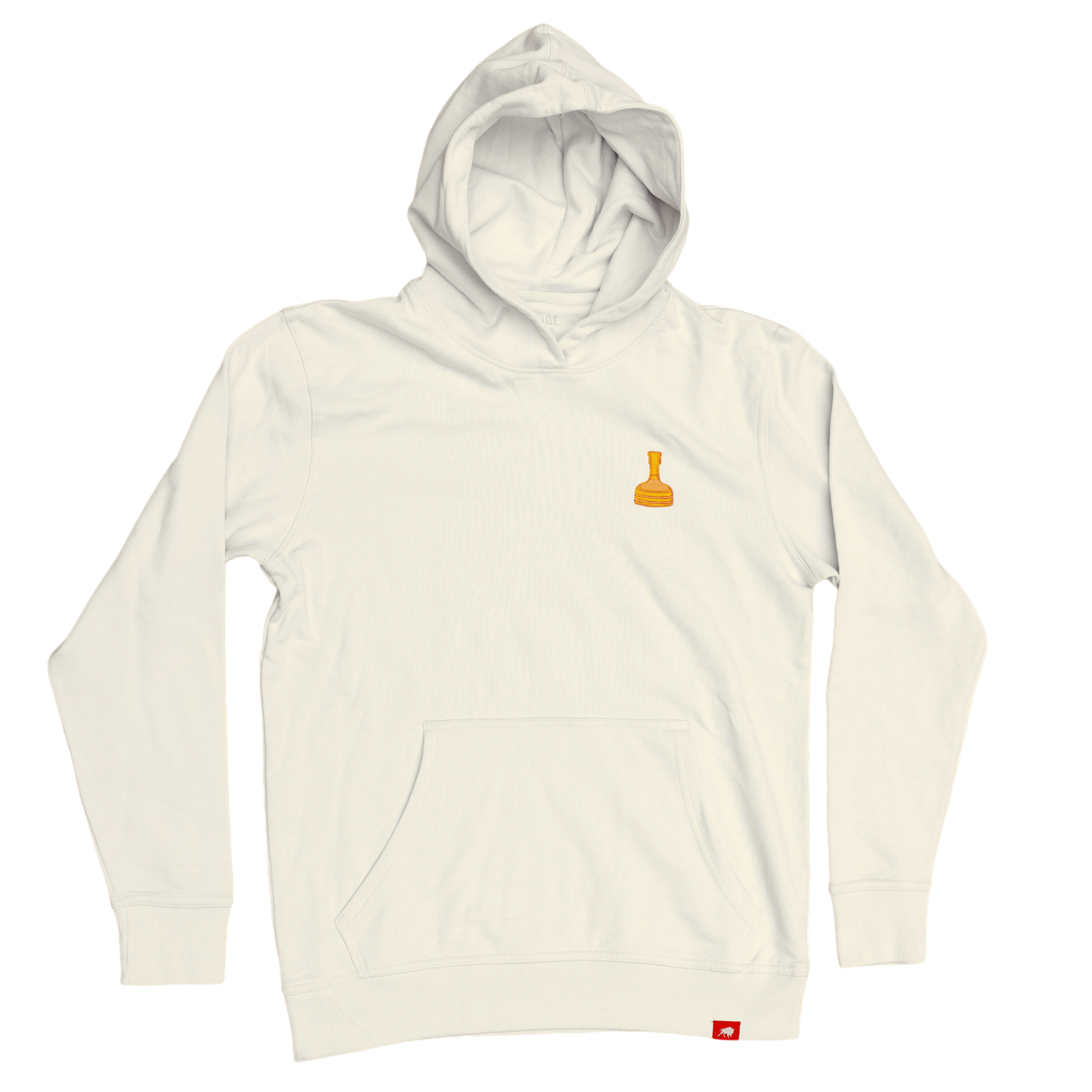 Front view of hoodie features a small graphic of the Utopias copper bottle on the left side of the chest.