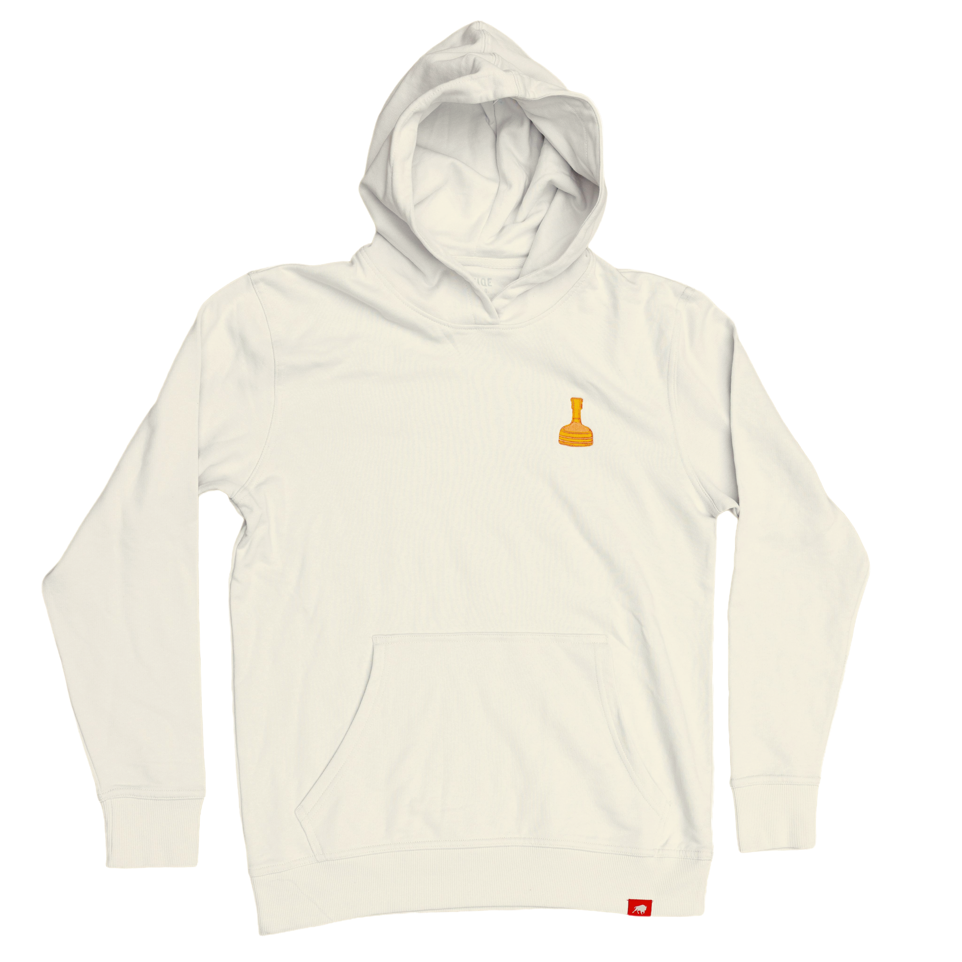 Front view of hoodie features a small graphic of the Utopias copper bottle on the left side of the chest.