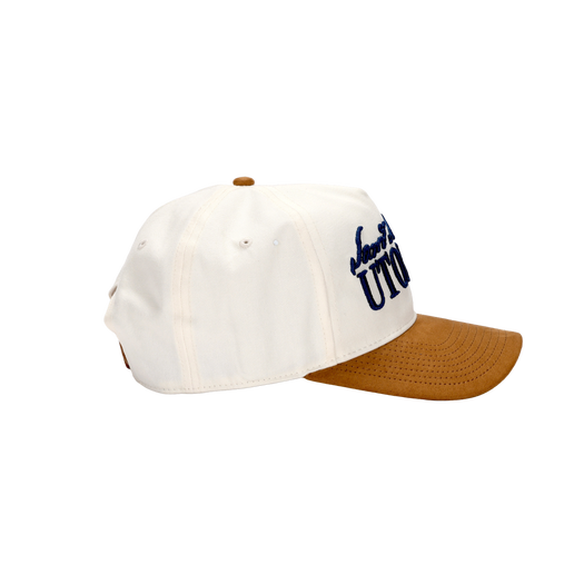 Side view of Utopias Suede Brim Five Panel Snapback