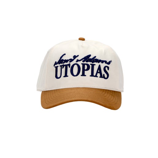 Front view of hat features blue writing "Sam Adams" in script and "UTOPIAS" underneath it.