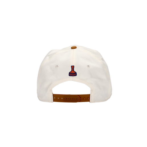 Back view of hat features small image of Utopias bottle and shows adjustable strap.