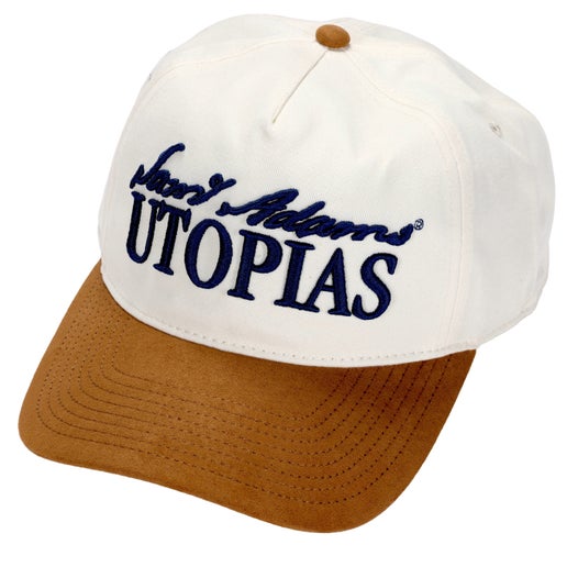 Front view of hat features blue writing "Sam Adams" in script and "UTOPIAS" underneath it.
