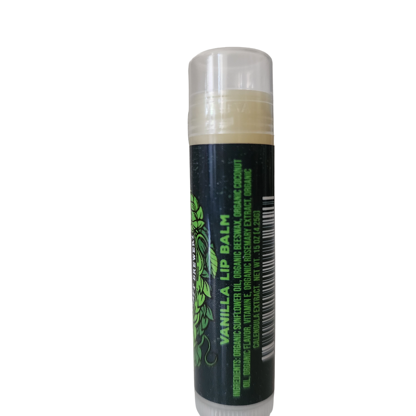 A clear tube of Ecolips Vanilla Lip Balm with a black and green label stands upright against a white background. The label displays the product name and ingredients in green and yellow text.