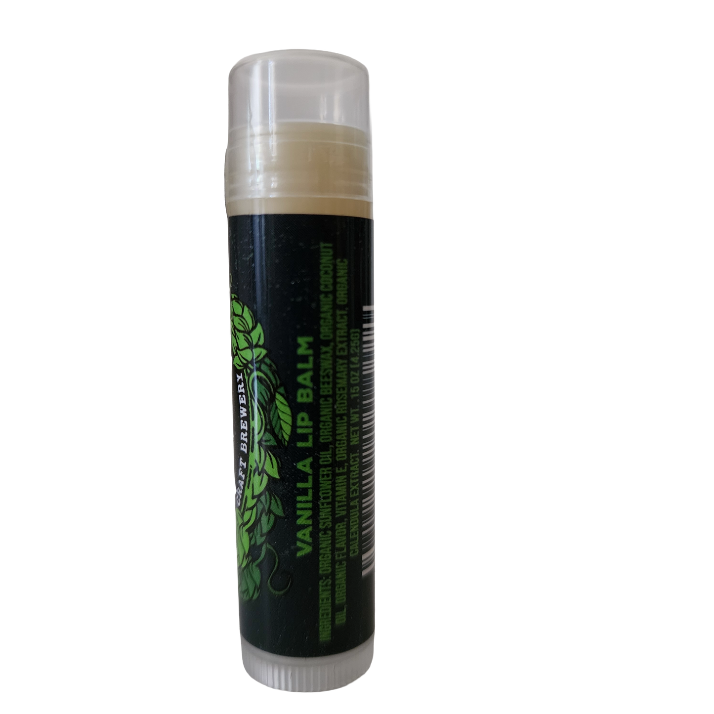 A tube of Ecolips Vanilla Lip Balm with a black label adorned with green leaf illustrations stands upright against a plain white background.