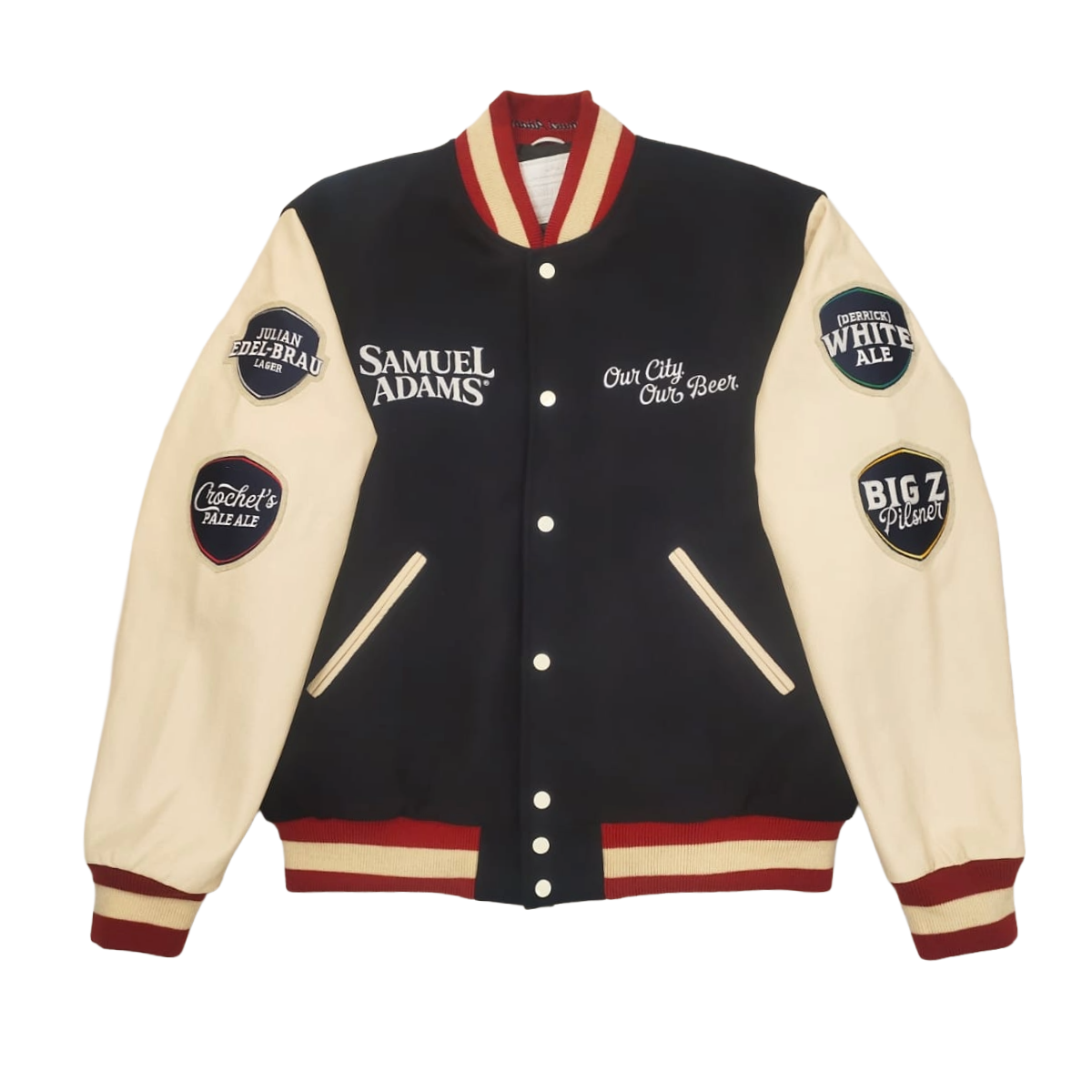 Navy and beige varsity jacket with multiple brand logos on a white background