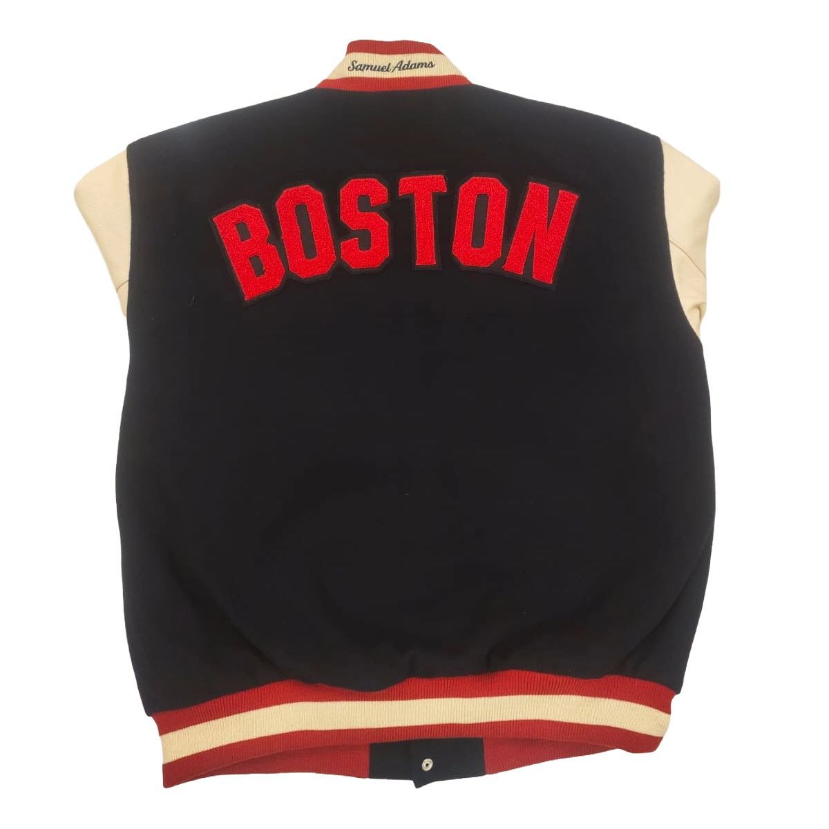 Navy letterman jacket with 'Boston' embroidered on the back, on a white background