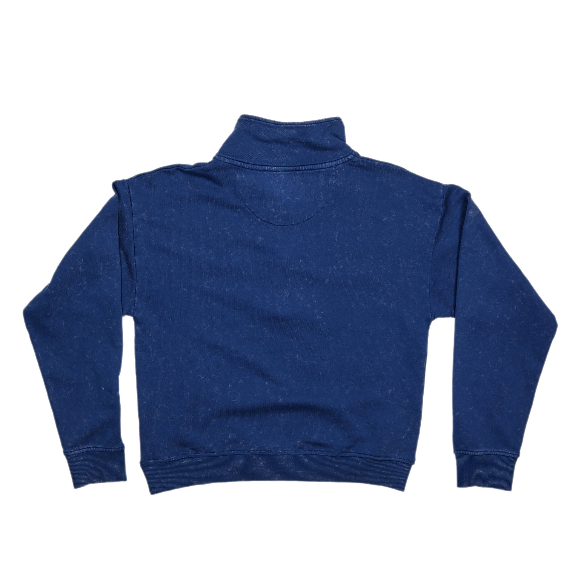 Back view of a vintage blue women’s quarter-zip sweatshirt featuring the Samuel Adams logo on the left chest and a pint glass patch on the right sleeve.