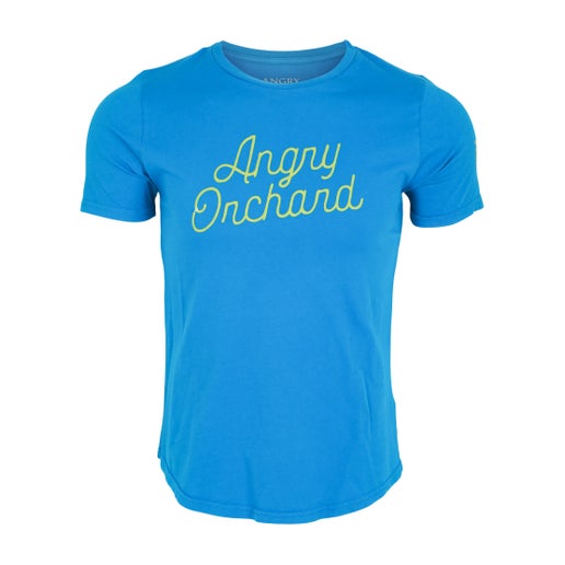 Front of blue tee displays yellow writing "Angry Orchard" in script.