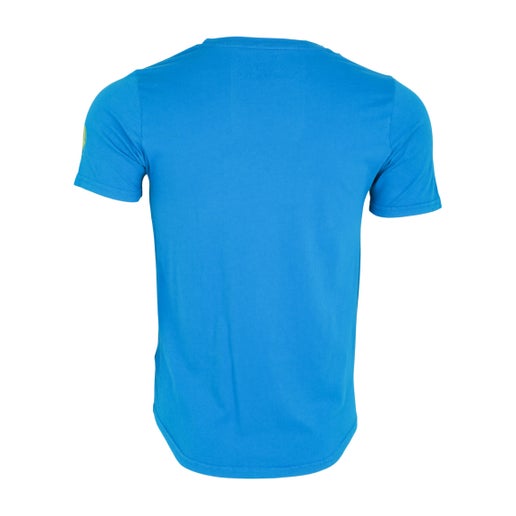 Back of tee is solid blue.