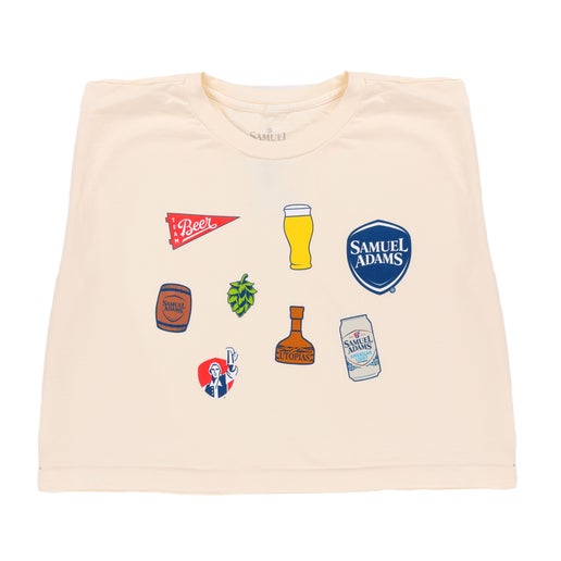 Front view of a cream-colored boxy tank top featuring colorful clip art-style graphics including a beer glass, hop cone, Samuel Adams logos, and more.