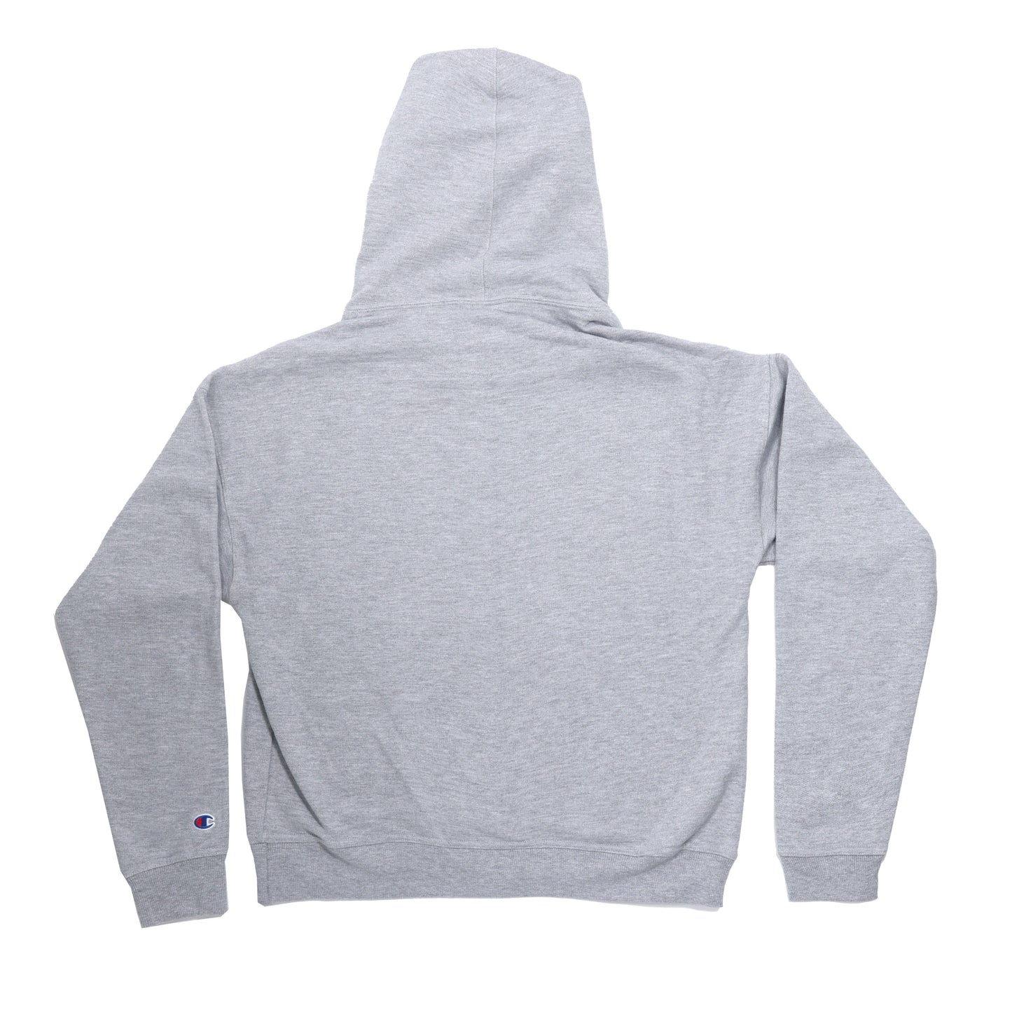 back view of the Women's heather Grey CHAMPION Hoodie.