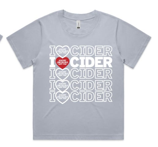 Front of gray tee displays five rows of writing "I Heart Cider". Heart is an actual heart and inside it is writing "Angry Orchard Hard Cider". Second row of writing is bolded with a red heart. 